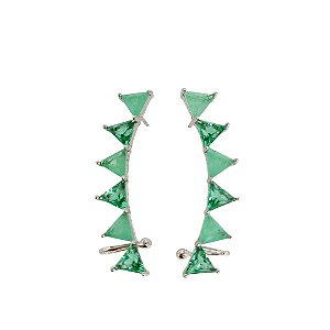 Brinco ear cuff em banho de ródio branco com triângulos de cristais verdes e pedra fusion verde