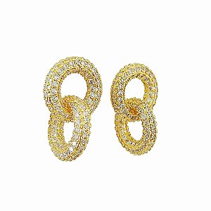 Brinco em banho de ouro 18k dois elos cravejados de zircônias cristais