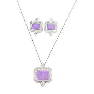 Conjunto em banho de ródio branco colar e brincos com pedra fusion roxa cravejada de zircônias