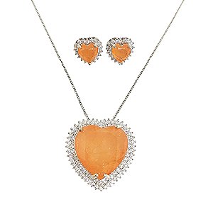 Conjunto colar e brincos em banho de ródio branco com coração cravejado de zircônias com pedra fusion laranja
