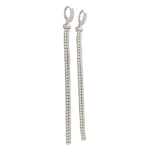 Brinco longo em banho de ródio branco argola com riviera cravejado de zircônias