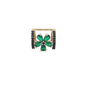 Brinco piercing em banho de ouro 18k cravejado de zircônias negras com flor de cristal verde