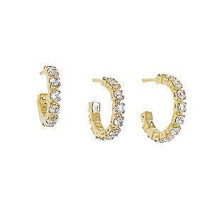 Trio de brincos argola cravejados de zircônias cristais em banho de ouro 18k