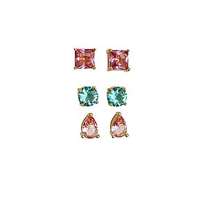 Trio de brincos banhados em ouro 18k com zircônias coloridas