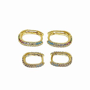 Duo de argolinhas banhadas em ouro 18k cravejadas de zircônias coloridas