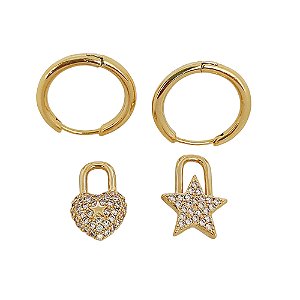 Brinco argola banhado em ouro 18k com um pingente estrela e um coração cravejados de zircônias cristais