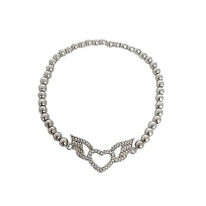 Pulseira de bolinhas banhada em ródio branco e coração com asas e zircônias