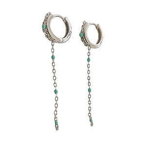 Brinco argola em prata 925 com corrente e pequenas bolinhas azuis