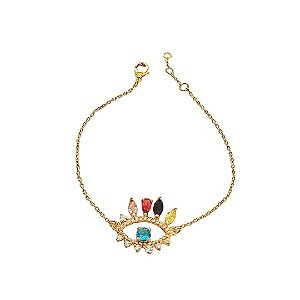 Pulseira banhada em ouro 18k com olho grego cravejado de zircônias cristais e zircônias coloridas