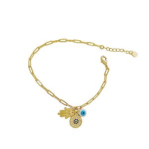 Pulseira cartier banhada em ouro 18k com mão de Fátima olho grego e mandala com zircônias