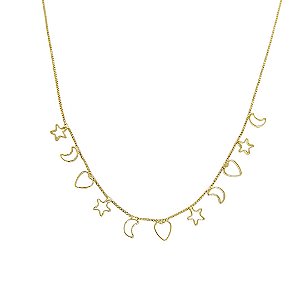 Colar banhado em ouro 18k com estrela lua e coração