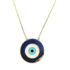 Colar banhado em ouro 18k com pingente olho grego azul marinho esmaltado