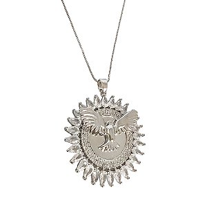 Colar em banho de ródio branco pingente redondo divino espirito santo cravejado de zircônias