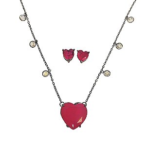 Conjunto colar e brinco banhados em ródio negro com zircônia cristal e corações em cristal rosa