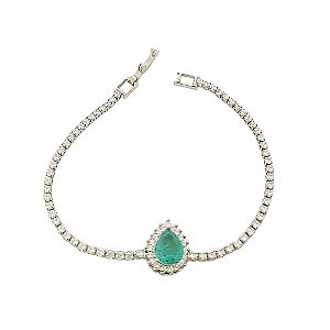 Pulseira em banho de ródio branco riviera com zircônias cristais e gota de pedra fusion verde esmeralda