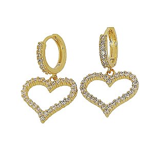 Brinco banhado em ouro 18k argola com coração vazado cravejados de zircônia cristal