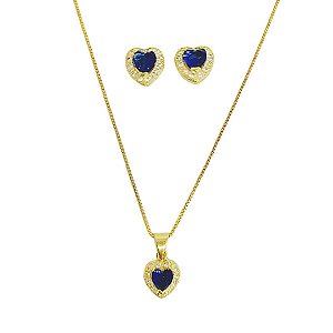 Conjunto colar e brincos coração banhado em ouro 18k cravejado de zircônia cristal com zircônia azul escura