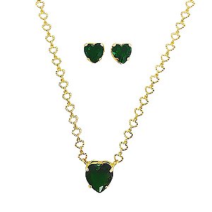 Conjunto colar e brincos banhado em ouro 18k corrente de corações com coração de cristal verde