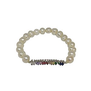 Pulseira em banho de ródio branco de pérola de agua doce com zircônias coloridas