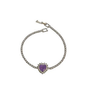 Pulseira riviera em banho de ródio branco com coração de pedra fusion roxa