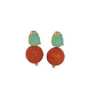 Brinco banhado em ouro 18k com cristais naturais turmalina azul e jade coral