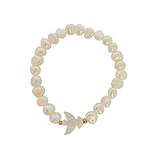 Pulseira elástica de pérolas cultivadas bolinhas em banho de ouro 18k e divino espirito santo em madrepérola