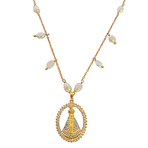 Colar banhado em ouro 18k com pérolas cultivadas e pingente nossa senhora cravejado de zircônias cristal