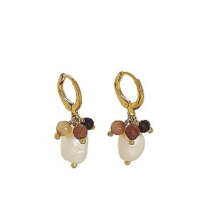 Brinco argola banhado em ouro 18k com cristais naturais e pérola cultivada
