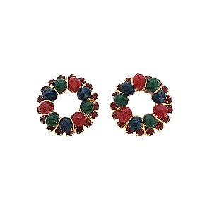 Brinco banhado em ouro 18k cravejado de cristais vermelhos e pedras naturais em vermelho e verde