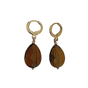 Brinco argola banhado em ouro 18k com gota de pedra natural olho de tigre