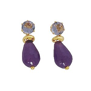 Brinco banhado em ouro 18k com zircônia lilás e jade roxa
