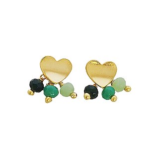 Brinco coração banhado em ouro 18k com pingente de cristais naturais quartzo verde e jade verde e cristal azul