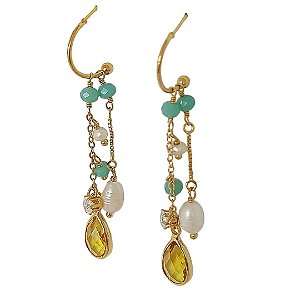 Brinco banhado em ouro 18k  corrente com cristais azul, zircônia cristal e gota de zircônia amarela