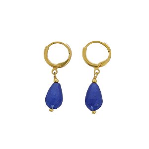 Brinco argola banhado em ouro 18k com gota facetada de jade azul