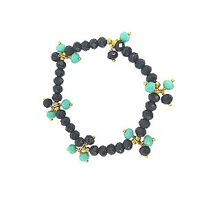 Pulseira elástica de jade verde com cristais azul tiffany e bolinhas em banho de ouro 18k