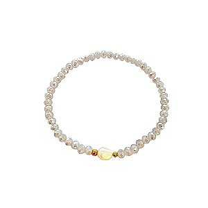 Pulseira elástica de cristais naturais lilás com pérola cultivada e bolinhas banhadas em ouro 18k