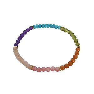 Pulseira elástica de pedras naturais jade coloridas e detalhes em banho de ouro 18k