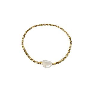 Pulseira elástica de bolinhas banhadas em ouro 18k com pérola cultivada