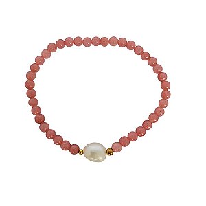 Pulseira elástica de jade rosa com pérola cultivada e bolinhas em banho de ouro 18k