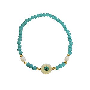 Pulseira elástica de cristais azul com bolinhas em banho de ouro 18k pérolas cultivadas e olho grego em madrepérola