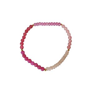 Pulseira elástica de cristais naturais em tons de rosa e bolinhas em banho de ouro 18k