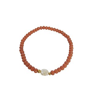 Pulseira elástica de cristais corais com pérola cultivada e bolinhas em banho de ouro 18k
