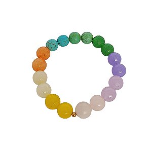 Pulseira elástica rainbow em cristais naturais com bolinha banhada em ouro 18k