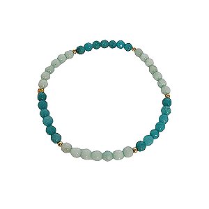 Pulseira elástica de cristais naturais em tons de azul e bolinhas banhadas em ouro 18k