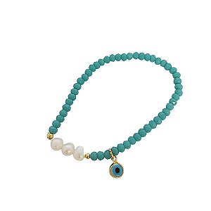 Pulseira elástica de cristais azul tiffany com bolinhas em banho de ouro 18k pérolas cultivadas e olho grego