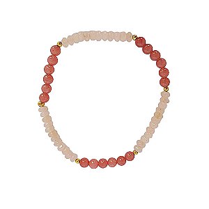 Pulseira elástica de jade em tons de rosa com bolinhas em banho de ouro 18k