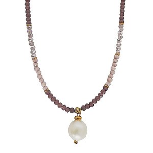 Colar de cristais naturais em tons de lilás com pérola shell e detalhes em ouro 18k