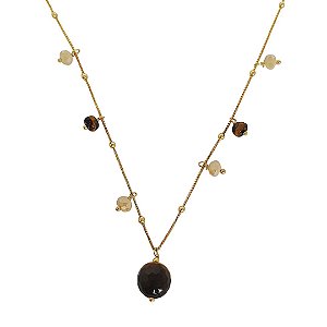 Colar banhado em ouro 18k com bolinhas cristais doce de leite e olho de tigre facetado