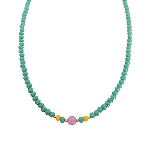 Choker de cristais naturais azul amarelo e rosa com bolinhas e detalhes em banho de ouro 18k