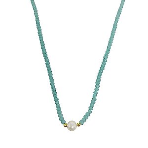 Choker de cristais naturais azul tiffany com pérola shell bolinhas e detalhes em banho de ouro 18k